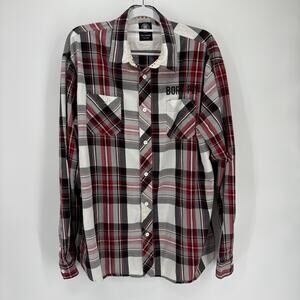 Born Fly Shirt Mens 3XL Red Black White Plaid Button Up Graphic Spell Out